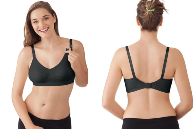 Vues avant et arrière d'une femme portant un soutien-gorge bralette de maternité Medela Comfy montrant le clip de libération et l'arrière du soutien-gorge.