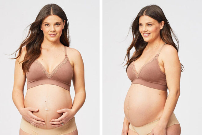 Vues avant et latérales d'une femme enceinte portant un soutien-gorge de maternité Cake Maternité Tutti Fruitti montrant des détails en dentelle et en côtes marron.