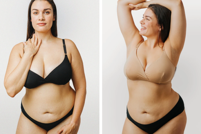 Vues de face du soutien-gorge de maternité sans armature Embrace montrant deux couleurs, noir et fauve, plus croisé sur le devant.