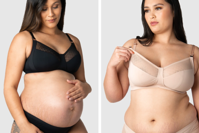 Vues de face du soutien-gorge de maternité Hotmilk Lunar Eclipse montrant un bonnet déroulant, un insert en maille et deux couleurs différentes, noir et beige.