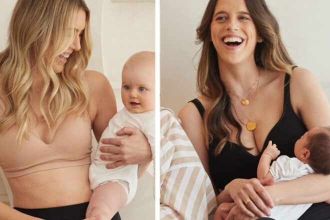 Deux femmes et bébés portant un soutien-gorge sans couture Mumma Milla montrant des options en nu et noir à titre de comparaison. 