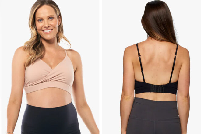 Soutien-gorge de nuit de maternité Bae Set In Motion montrant une vue de dos et de face en deux coloris, nude et noir.
