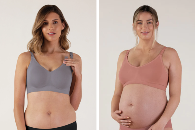 Soutien-gorge d'allaitement durable sans couture Body Silk Bravado Designs en deux couleurs, montrant une libération par clip et une surface lisse.