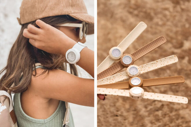 jeune fille portant une montre à bretelles à côté d'une image montrant 5 modèles différents