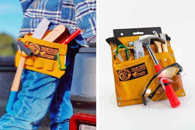 Enfant portant la ceinture à outils Kids at Work avec un gros plan de ce qu'il y a dans la ceinture