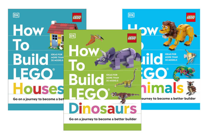 trois couvertures de livres de construction LEGO, Maisons, Dinosaures et animaux