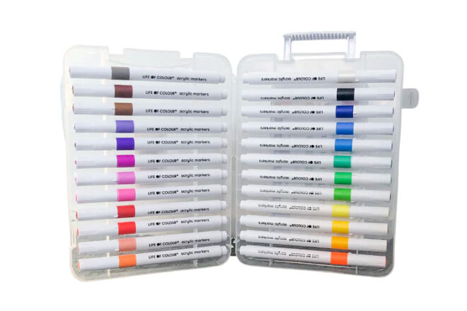 Les marqueurs acryliques Life of Color dans son étui ouvert