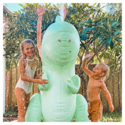 deux enfants jouant avec le dinosaure de surf gonflable géant SUNNYLiFE