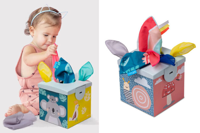 Des images côte à côte montrent la boîte à mouchoirs Taff Toys Wonder avec un enfant montrant comment jouer avec.