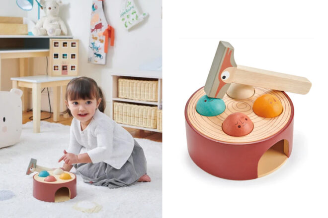 Image côte à côte d'une jeune fille jouant avec le jeu de marteau Tender Leaf Toys à côté d'une image en gros plan de celle-ci