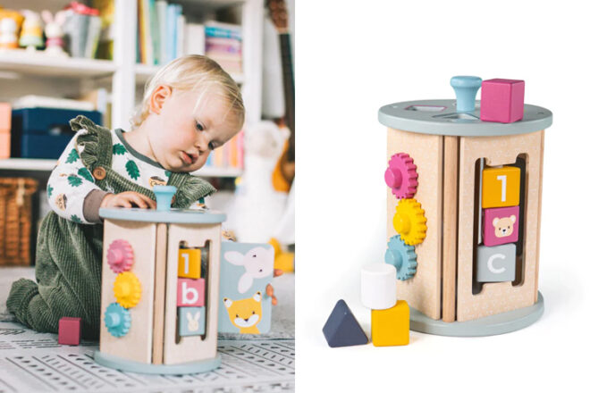 Images côte à côte montrant un enfant jouant avec le trieur d'activités roulantes Bigjigs Toys à côté d'une pose plate du jouet