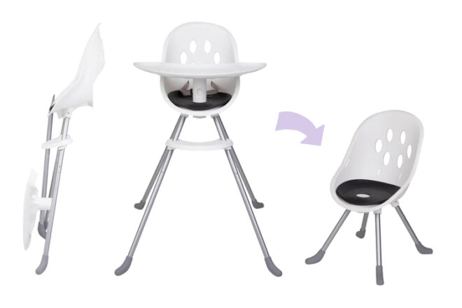 Chaise d'alimentation Phil&teds Poppy montrant la chaise agrandie depuis la vue de face avec la fixation des pieds longs, une vue latérale de la chaise avec la fixation des pieds courts à titre de comparaison et la finesse du design une fois pliée. 