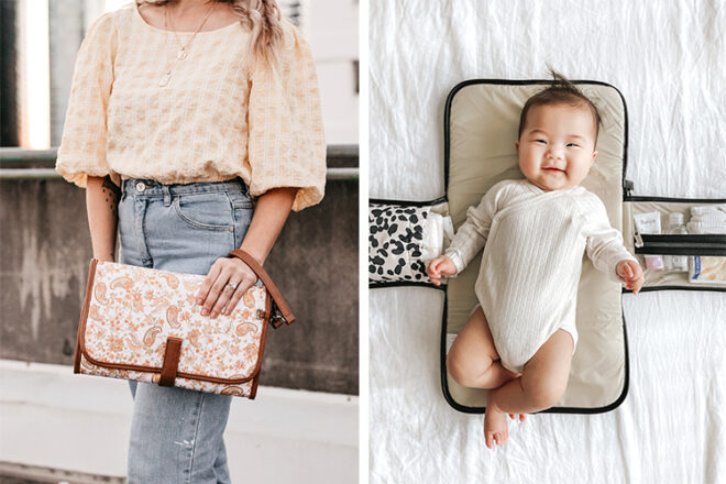 Une femme tient une pochette à couches OiOi avec une main montrant la dragonne utilisée, en comparaison avec une vue de dessus d'un bébé allongé sur un tapis ouvert avec des poches de rangement.