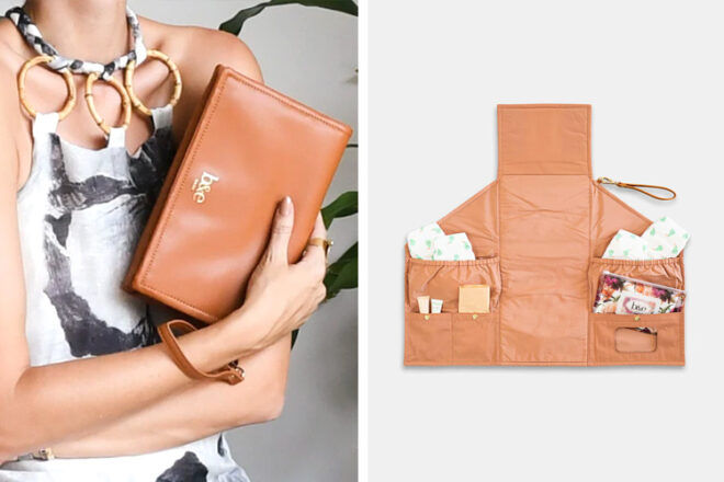 Gros plan de la pochette à langer Ben et Ellie montrant l'utilisation de la dragonne et vue de dessus du porte-couche avec poches de rangement remplies d'articles pour bébé.