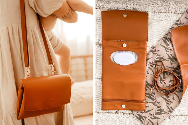 Gros plan sur la pochette à couches Milk & Poppy montrant des boucles avec une bandoulière attachée pour un port mains libres, et vue de dessus de la pochette montrant la poche de rangement des lingettes et la doublure imprimée du tapis à langer.