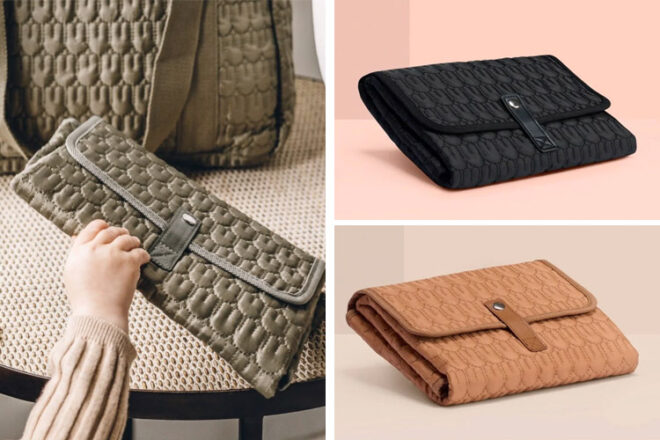 Pochette à langer matelassée Bunnie Caddy montrant un gros plan d'un motif matelassé dans les trois coloris sauge, noir et beige.