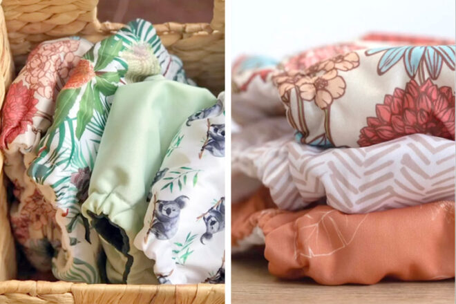 Deux paniers côte à côte montrant des modèles de couches en tissu Pea Pods