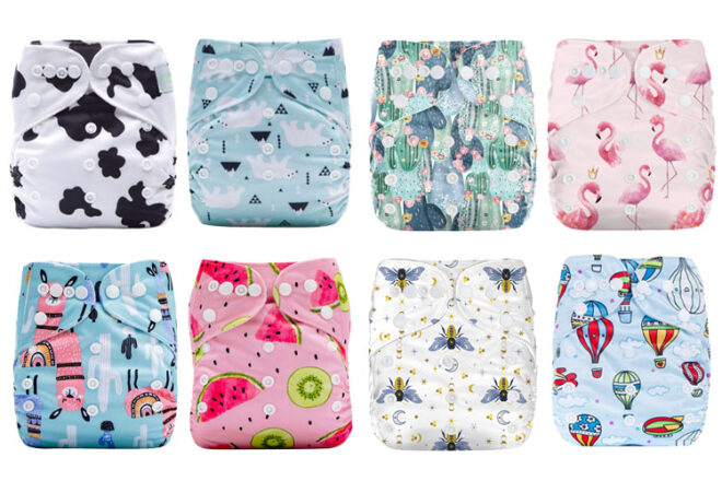 Sélection de couches lavables Lulu & Finn présentant huit modèles différents