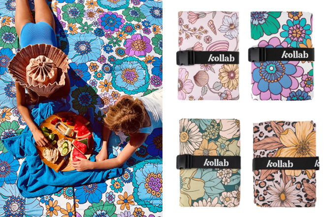 Vue aérienne de deux enfants sur un Kollab mangeant sur un tapis de pique-nique pliable, montrant un imprimé floral vintage lumineux et de grande taille, ainsi que quatre tapis pliés dans plus d'imprimés, à titre de comparaison.