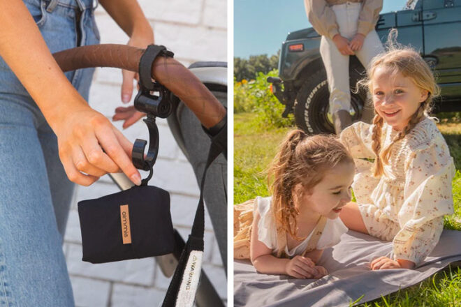 oimmie ClicMat en montrant un plié attaché à un landau et un utilisé par deux enfants