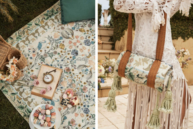 Vue aérienne de la couverture de pique-nique portable Wandering Folk Boho montrant un cadre de pique-nique coordonné et un design illustré complexe, ainsi qu'enroulée avec des bretelles pour la portabilité. 