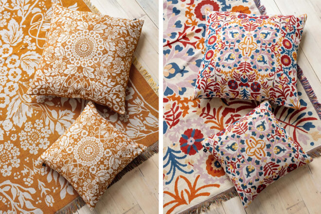 Vues aériennes rapprochées des jetés de pique-nique bohèmes tissés Hendeer, montrant deux motifs complexes différents avec des franges et des oreillers assortis pour un look stylé.