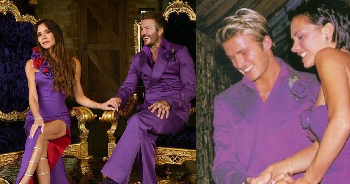 25 ans de mariage... et le look est toujours d'actualité !  David et Victoria Beckham posent dans un château de luxe en portant les vêtements portés lors de leur grand jour