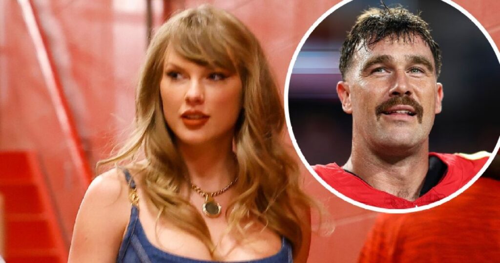 Taylor Swift et Travis Kelce se tiennent la main en quittant le premier match des Chiefs 2024