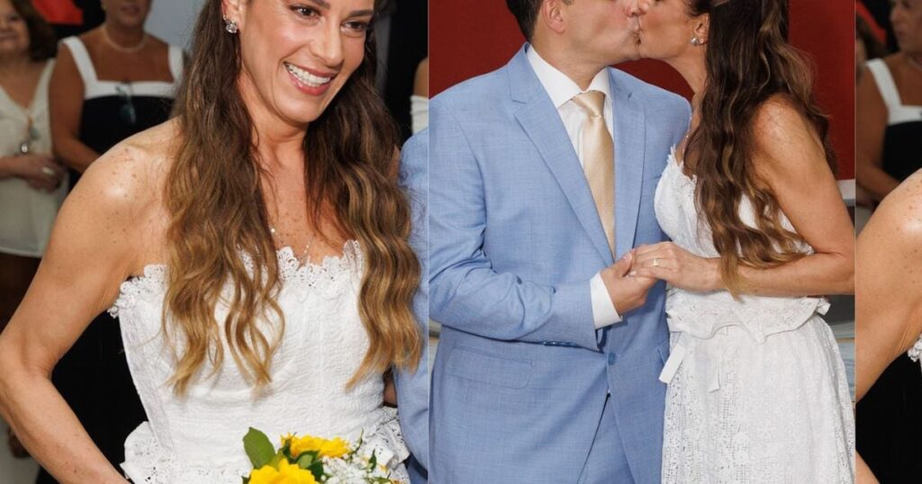 Bouquet de tournesol et sans bretelles qui tombe romantique: Silvia Abravanel élit un look simple et élégant pour le mariage civil avec Gustavo Moura. Photos!