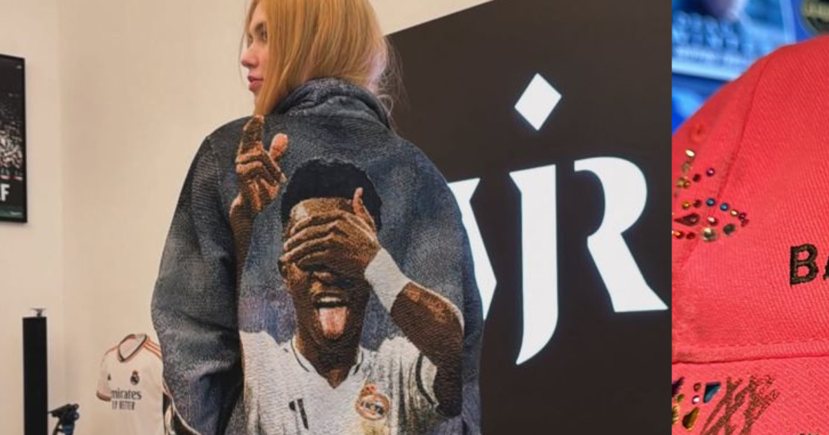 C'est ça la passion ! Virgínia a le visage de Vini Jr. brodé sur sa veste et reçoit même un autographe sur sa casquette : "J'adore être ringard"