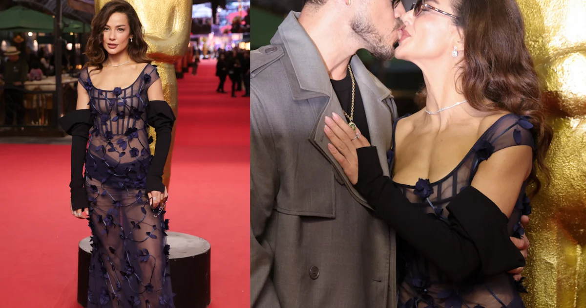 Fernanda Marques, Bruna de "Quem Ama Cuida", reçoit un baiser de José Loreto et montre une robe transparente sexy avec des fleurs en 3D et un corset exposé à Gramado