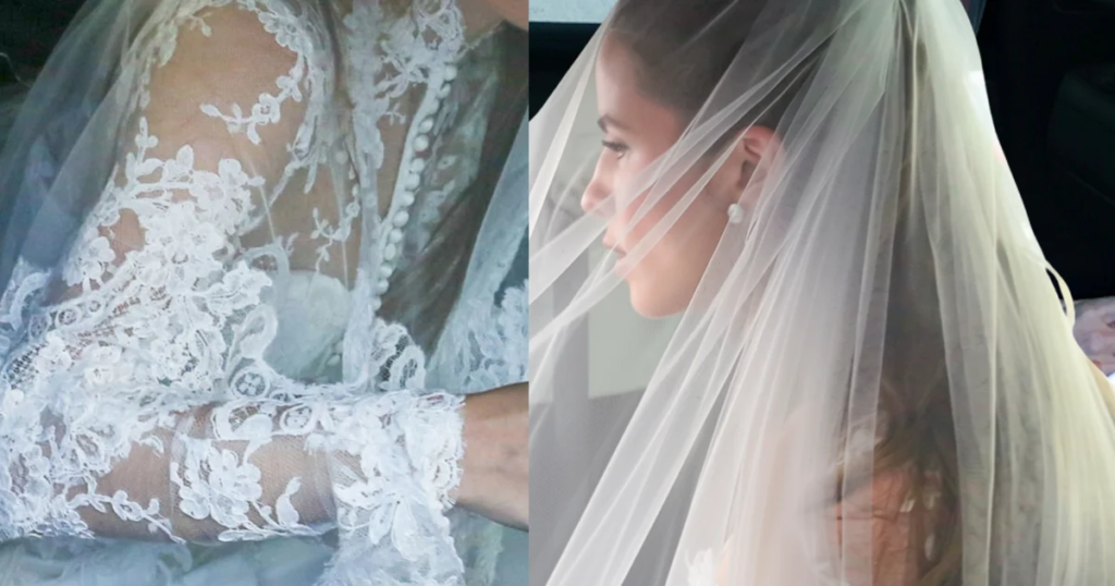 Dentelle florale, col montant et voile sur le visage : la robe de mariée classique de Giulia Be pour épouser Conor Kennedy dans une église historique de Rio de Janeiro qui accueillait autrefois la princesse Isabel. Des photos !