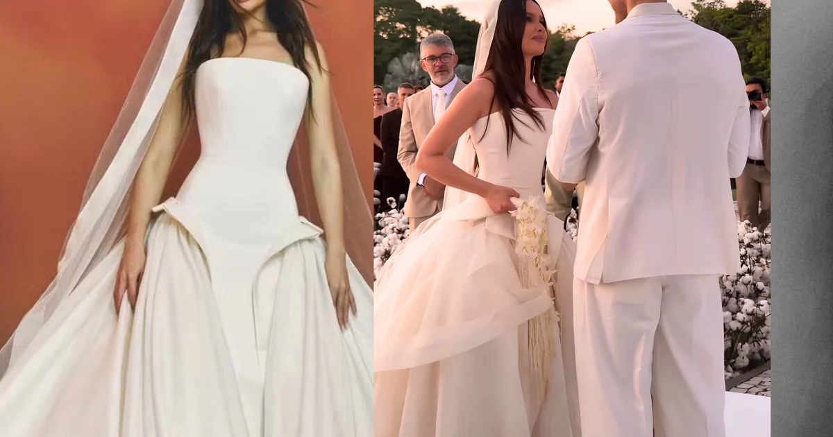 Robe de mariée princesse avec jupe volumineuse et 2ème look avec mini-jupe à franges : Juliette épouse Kaique Cerveny lors d'une soirée avec Anitta et Gilberto Gil comme garçons d'honneur ; la décoration rend hommage au Nord-Est